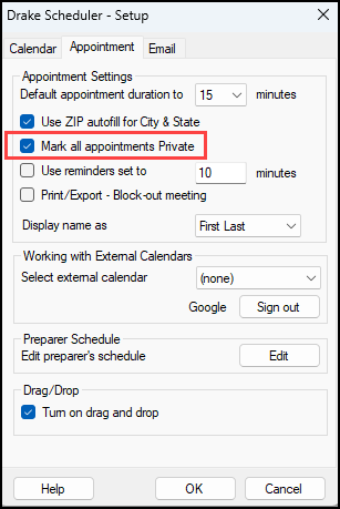 Image of "Mark all appointments private" check box on the Scheduler Setup